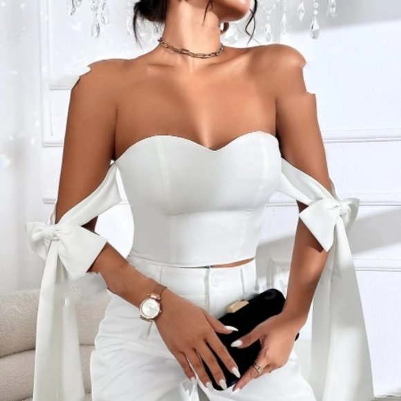 MONARCH FASHION Tops - White Off The Shoulder Bustier Crop Top